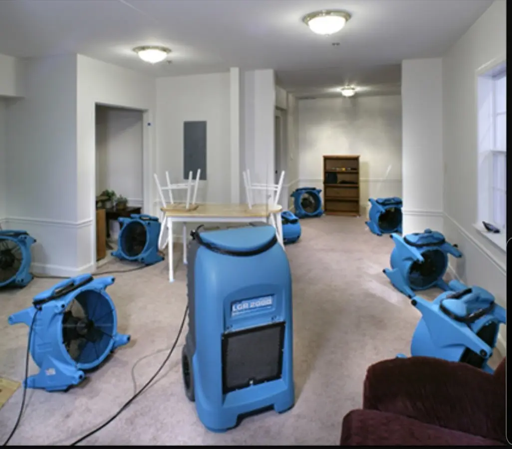 Air movers and dehumidifier setup for Water Damage Restoration in Coralville